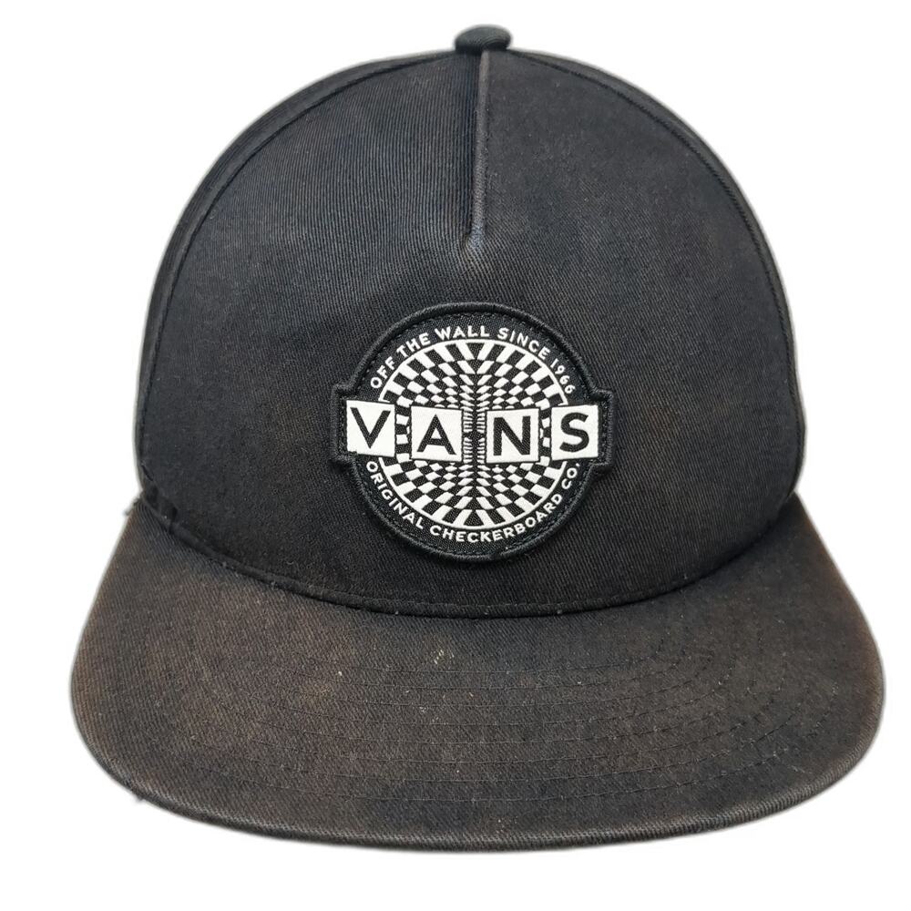 Vans 5 Panel Black Hat One Size Checkerboard Patch Snapback Flat Brim Cotton